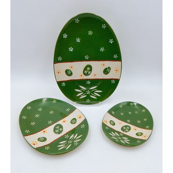 Temp-tations Old World Green Set of 3 Egg Shaped Nesting Platters Plates Easter - Picture 1 of 9